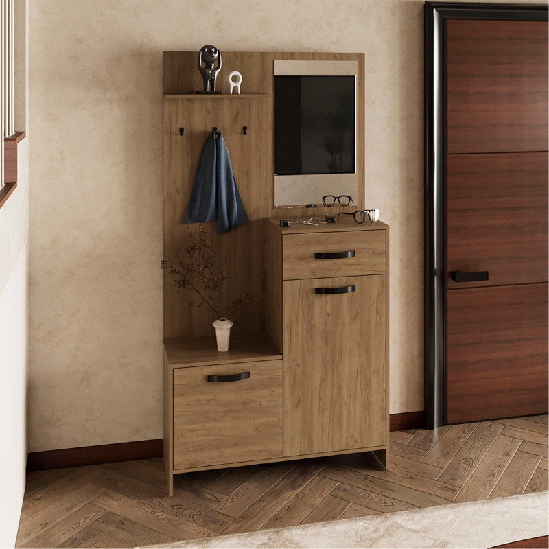 Hall d'entrée à miroir 75 po Parker avec cintres, trois tablettes, deux armoires, un tiroir, une entrée, une console, un salon en chêne clair