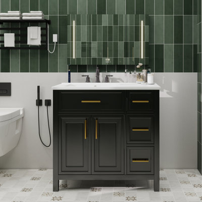 36" Bathroom Vanity With Sink Top, Bathroom Vanity Cabinet With Two Doors And Three Drawers, Solid Wood , MDF Boards ,One Package
