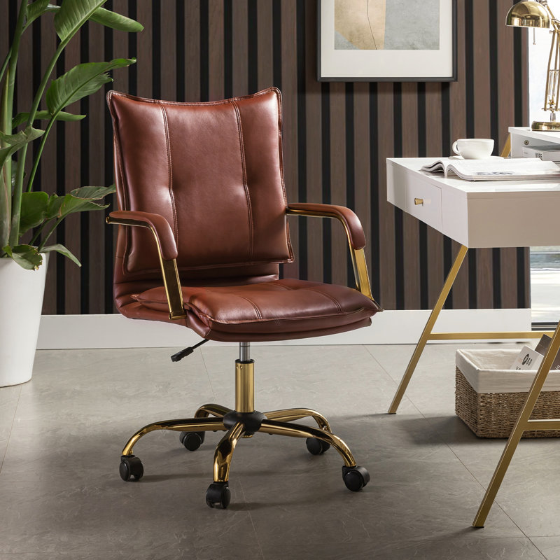 Gedrie Modern Faux Leather Swivel Office Chair, Brown, Gold