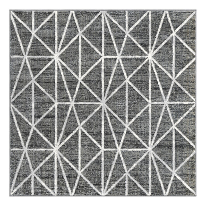 Tapis géométrique gris foncé / ivoire Oceola, Carré 5 pi 3 po