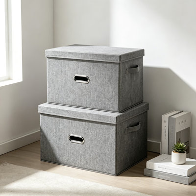 Large Linen Fabric Foldable Storage Bins with Removable Lid and Handles, Washable Storage Box Organizer Containers for Bedroom, Closet, Nursery, 2-Pack