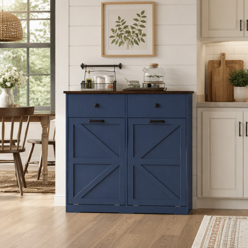 Farmhouse Double Tilt Out Trash Cabinet for 20 Gallon Trash Cans, Free Standing Recycling Cabinet with Hideaway Drawer, Barn Door Style Laundry Sorter Cabinet, Tilt Out Trash Cabinet for Kitchen