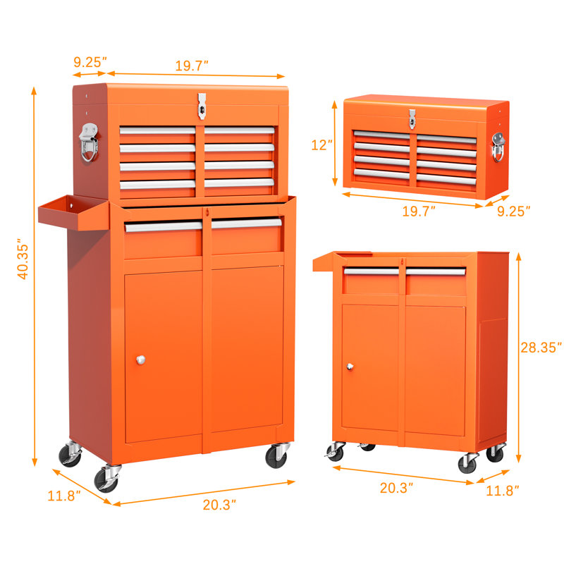 Coffre à outils 5 tiroirs à roulettes, armoire à outils amovible en métal 2-en-1 avec roues verrouillables, Orange