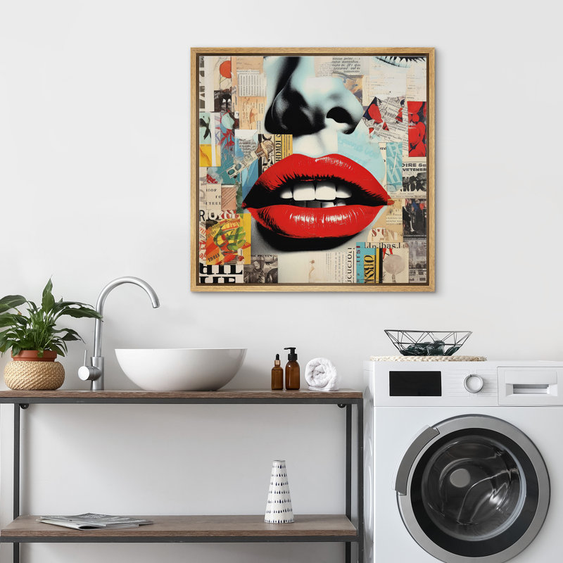 «Pop Urban Street Mosern», journal rustique, collage, mode, lèvres, œuvre d'art encadrée, Encadré naturel, H 24 po x l 24 po