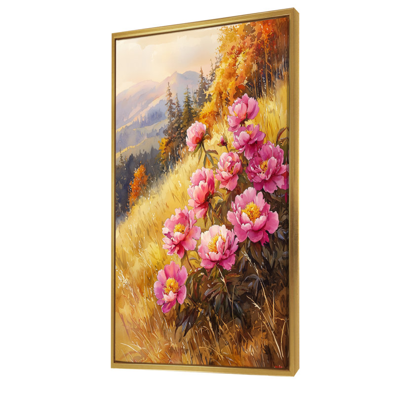 Pivoines à l'automne Hillside I - pivoines, art mural, H 60 po x l 28 po, Reproduction avec cadre flottant, Doré