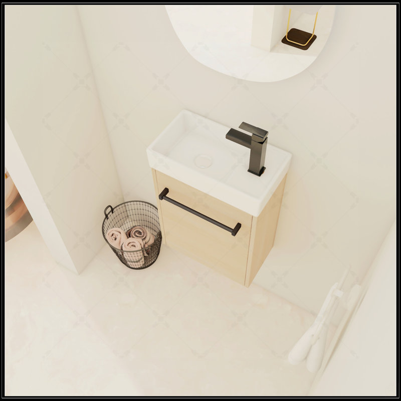 Meuble-lavabo flottant mural avec lavabo en céramique et armoire à fermeture en douceur, parfait pour les petites salles de bain