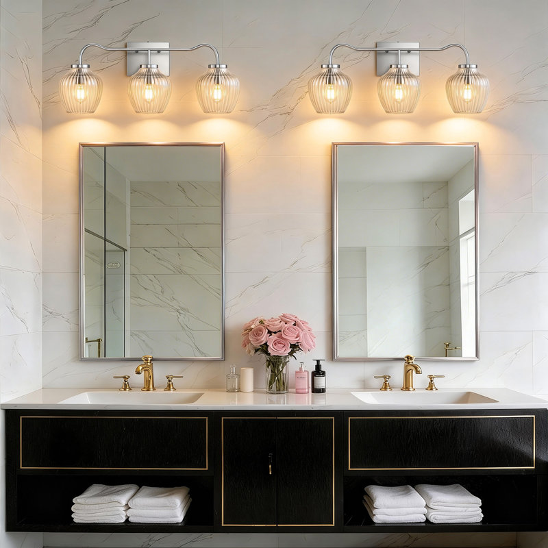 24" W 3-Light Dimmable Wrought Iron Vanity Light, Mirror Chrome, Clear