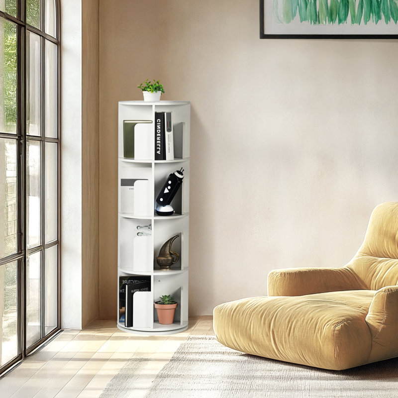 4 Tier Rotating Bookshelf, Versatile Revolving Bookcase Storage Tower For Living Room & Office, White