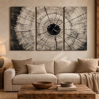 3 Pieces Exculisive Black and Ivory Tree Rings Large Wall Art Rustic Woodcut Panorama Canvas, Canvas Decor for Living Room, Bedroom and Office