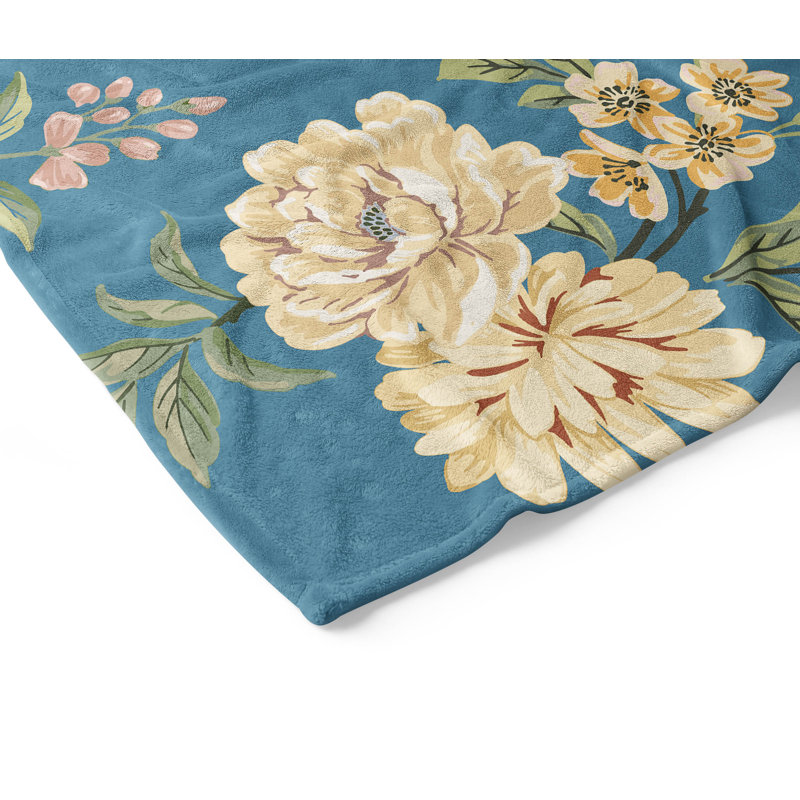 Couverture en velours de molleton Catherine, L 60 po x l 50 po, Motif floral bleu