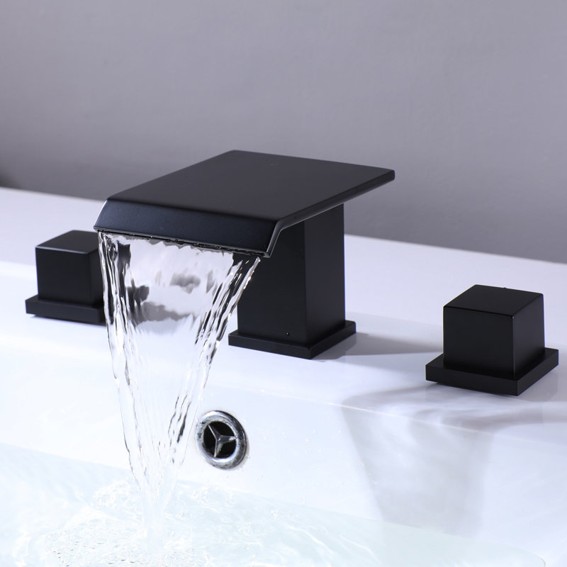 Robinet de lavabo de salle de bain espacé à deux poignées en laiton massif avec ensemble de drain , Noir mat, Drainage inclus
