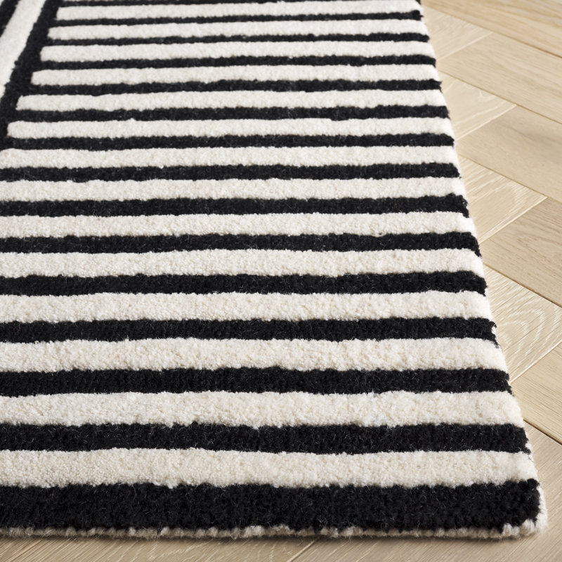 Tapis ivoire / noir en laine / coton touffeté à la main Elsbeth, Rectangle de 5 pi x 8 pi