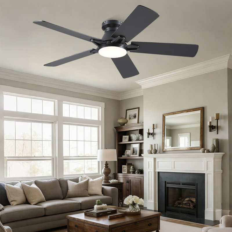 Ventilateurs de plafond à profil bas de 52 po à 5 pales avec lumières et télécommande / application, 52", Noir