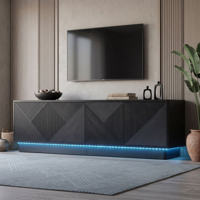 Meuble télé 4 portes en bois avec tablettes réglables, trous pour câbles et éclairage DEL