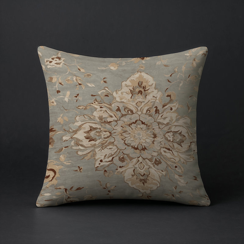 Coussin décoratif intérieur et extérieur Modern, Carré 16 po, Bleu clair / crème / brun damassé
