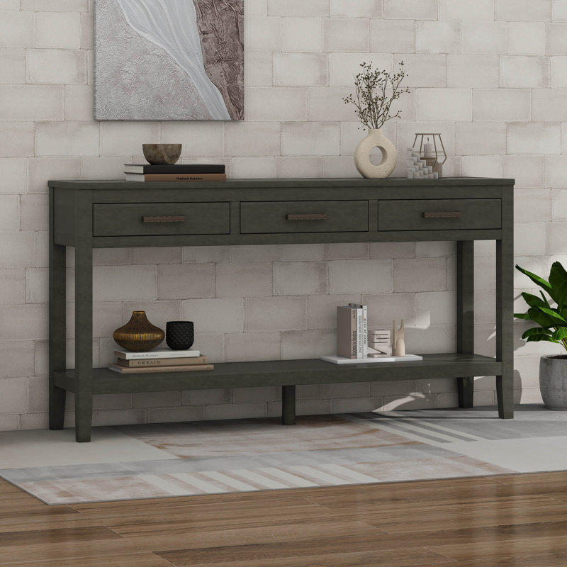 Table de ferme avec 3 tiroirs, console peinte avec tablette inférieure et poignées en fer, Gris