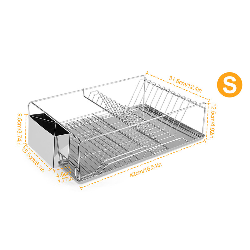 4.72" H x 16.54" W x 12.4" D Stainless Steel Dish Drying Rack with Drainboard & Cutlery Holder, 4.72" H x 16.54" W x 12.4" D