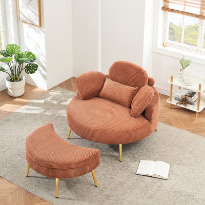 Round Orange Corduroy With 3 Throw Pillows And Adjustable , Ideal For Single Seating In Small Areas Sponge - Filled Pillows, Waist Pillow, Apartment