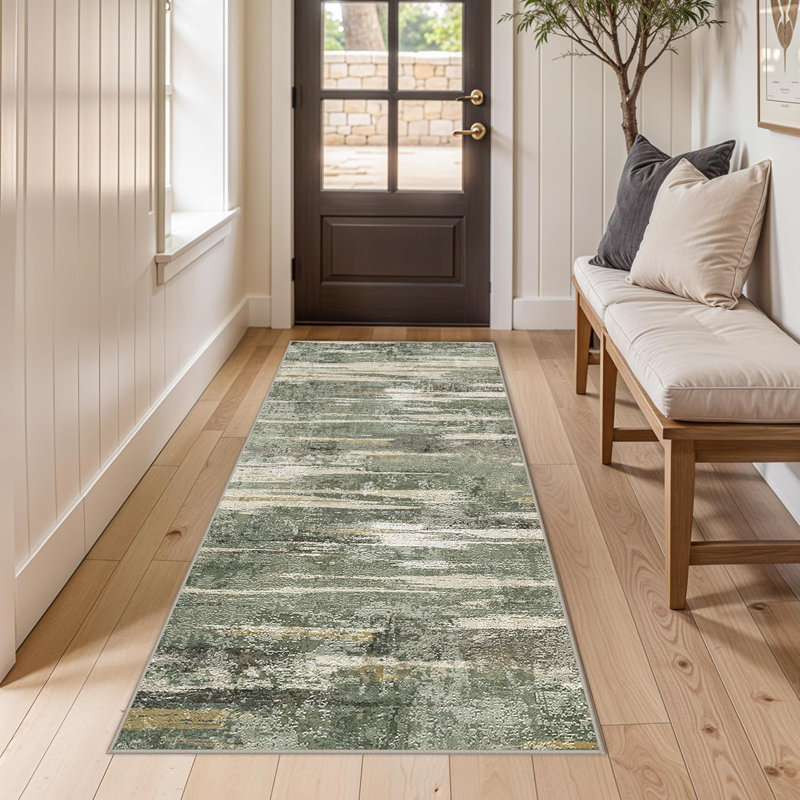 Wide Kitchen Rugs Washable - Modern Abstract Hallway Rug Ultra Soft Non Slip Carpet for Bedroom Kitchen Laundry Low Pile Home Decor Indoor Floor Mat for Entryway Bathroom Green