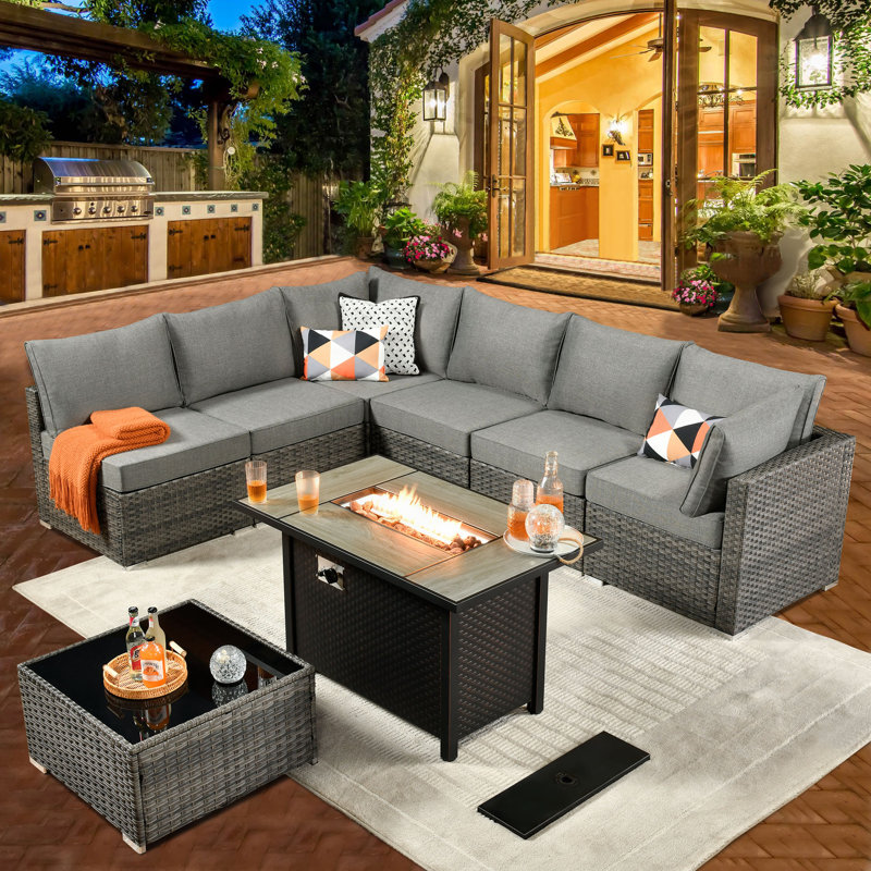 6 - Person Outdoor Patio Wicker L-Shaped Sectional Sofa Set with Fire Pit Table, Gray Rattan Furniture with  Cushions, Outdoor Conversation Set for Garden/Backyard