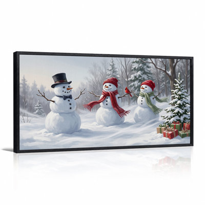 «Three Snowmen and Cardinal in Snowy Woods», art mural sur toile