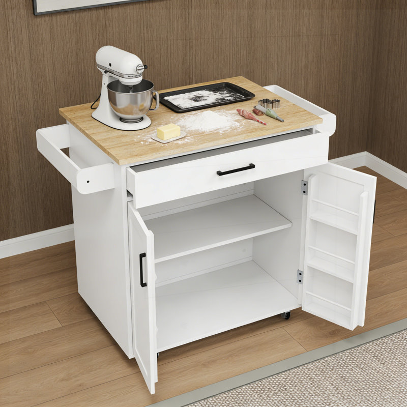 Chariot roulant pour îlot de cuisine avec tablettes réglables, tiroir, portes, porte-serviettes et support à assaisonnements.