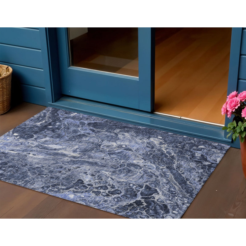 HomeRoots 3' X 5' Navy Blue And Gray Abstract Washable Indoor Outdoor Area Rug