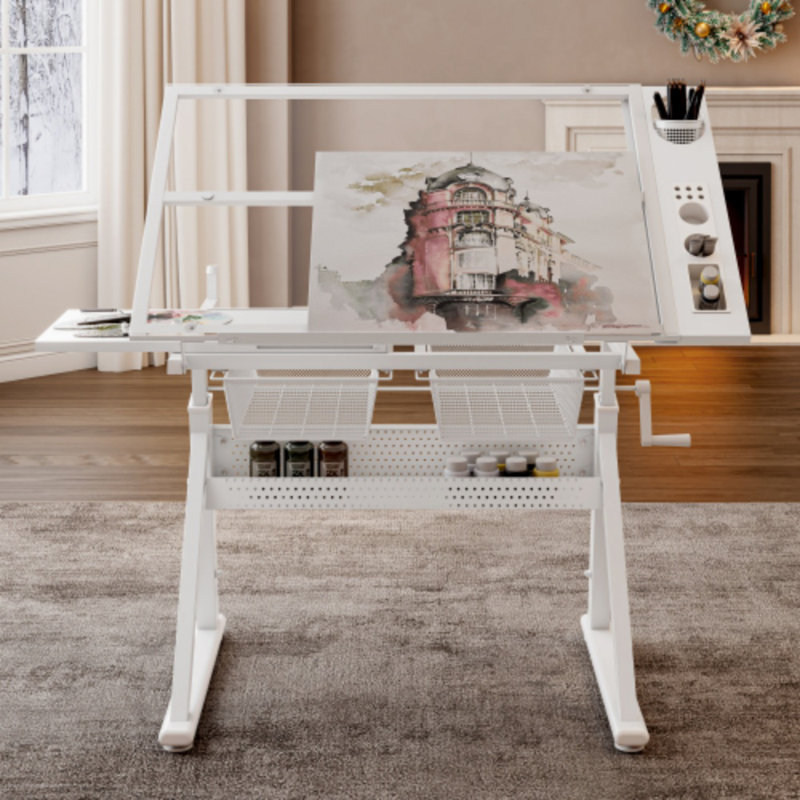 Table de dessin réglable, plateau en verre trempé à manivelle avec rangement, chaise de dessin incluse, pour dessin, impression, bureau d'étude, bureau à domicile