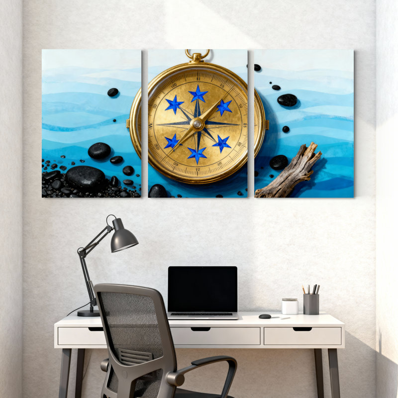 Boussole, étoiles, pierres d'eau, reflet, ciel flottant, ensemble de 3 impressions sur toile, H 18 po x l 36 po