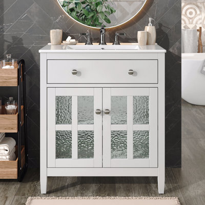 Meuble-lavabo de 30 po avec lavabo en céramique, pieds en bois massif, tablette réglable + plateau basculant, poignées en métal argenté, charnières à fermeture en douceur