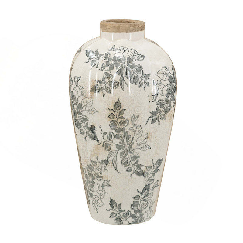 White Ceramic Accent Vase With Gray Floral Design, 11.6" H x 6.7" W x 6.7" D