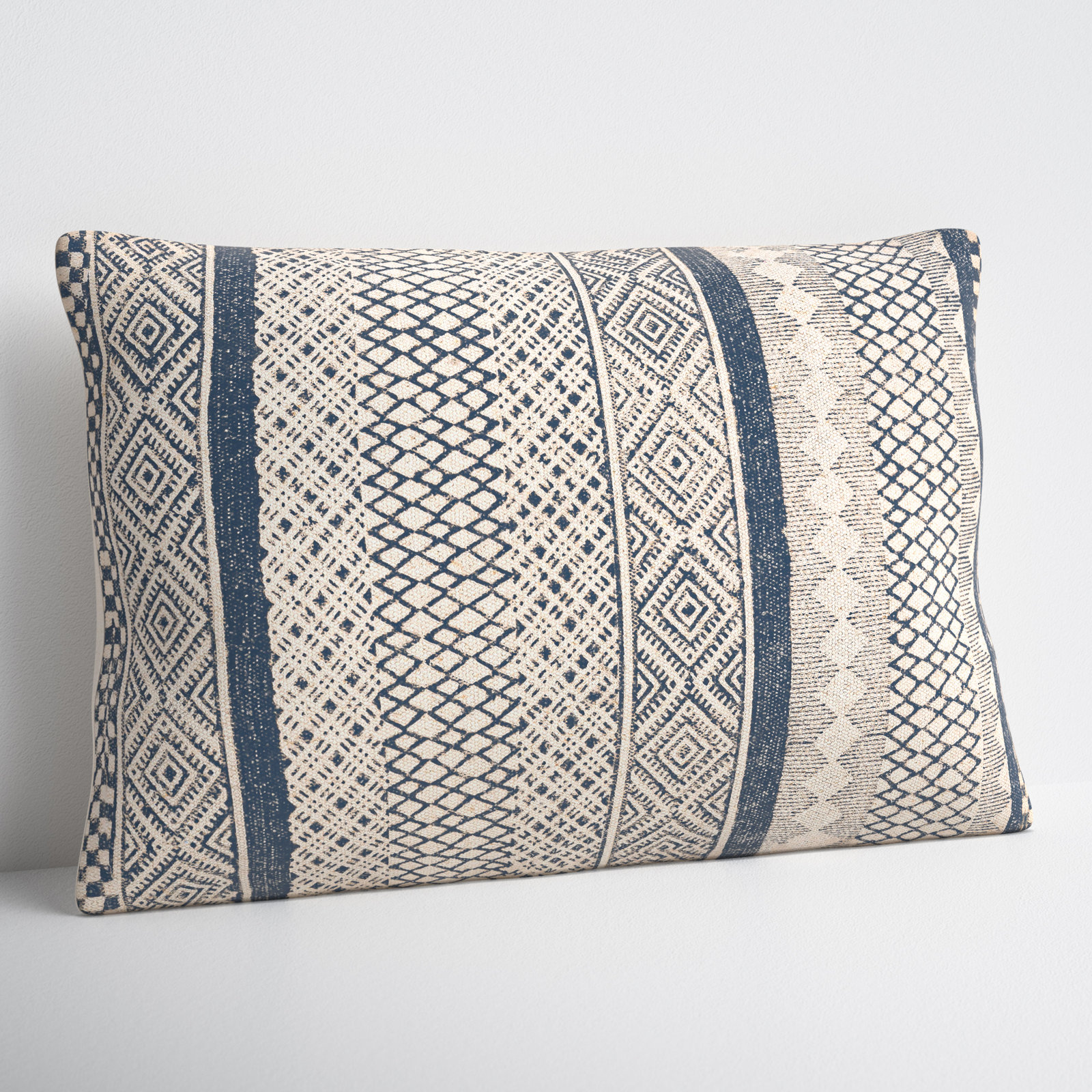 Zetta Geometric Cotton Lumbar Throw Pillow, Down, Beige/Denim