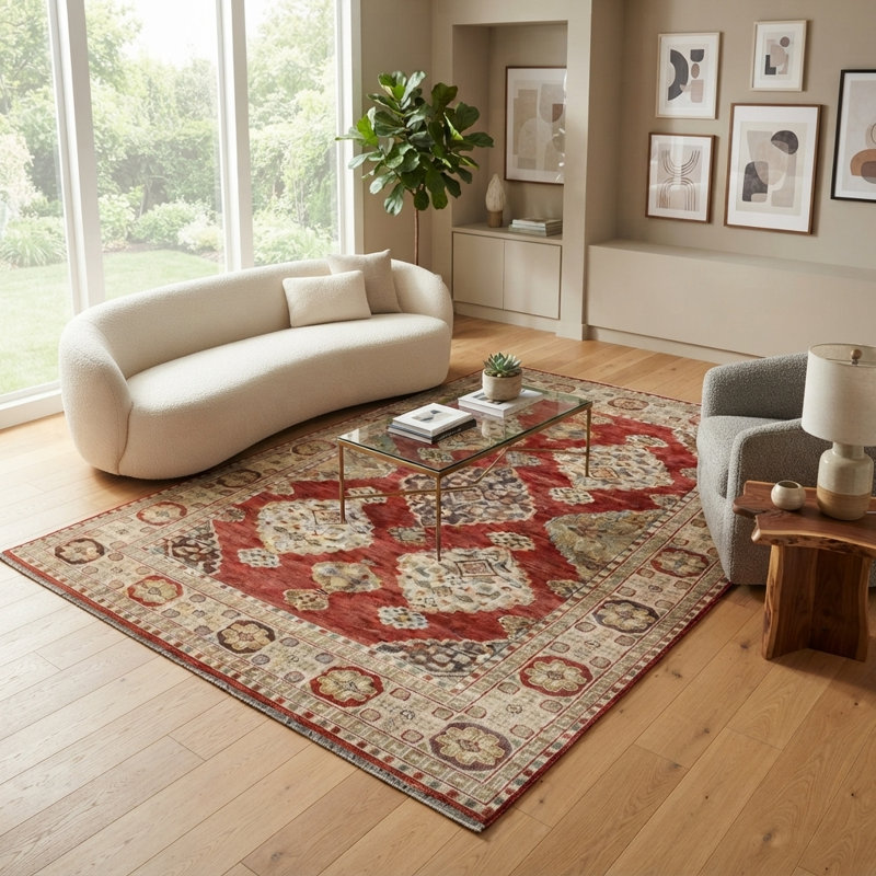 Tapis en laine fait main, style sud-ouest, géométrique, rouille et beige | Tapis de style transitionnel pour salon et chambre (244 x 305 cm)