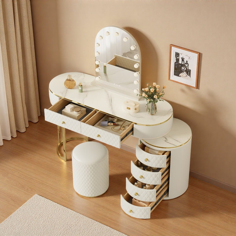 Luxury Makeup Vanity Desk With 3-color Led Mirror, Adjustable Length, 6 Drawers And Stool
