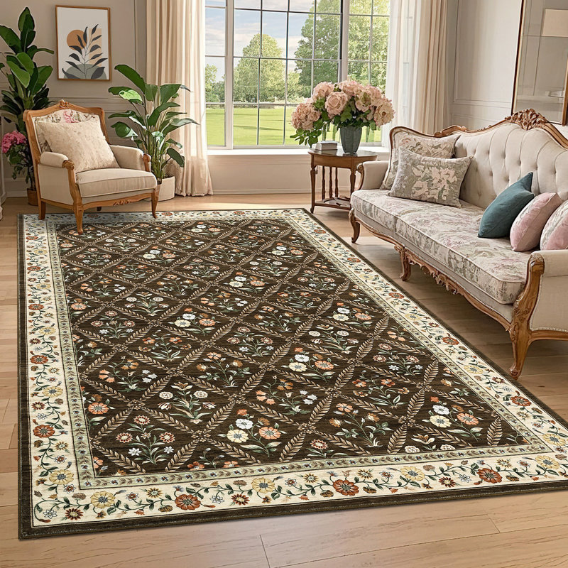 Machine Washable Bordered Rug Non Slip Rug Floral Foldable Rugs for Living Room Bedroom Playroom Nursery Dorm, Gray