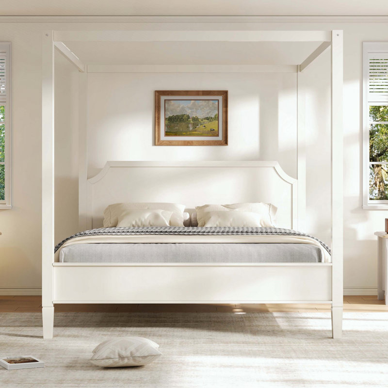 Très grand lit plateforme à baldaquin en bois avec tête de lit, Très grand lit, Blanc crémeux