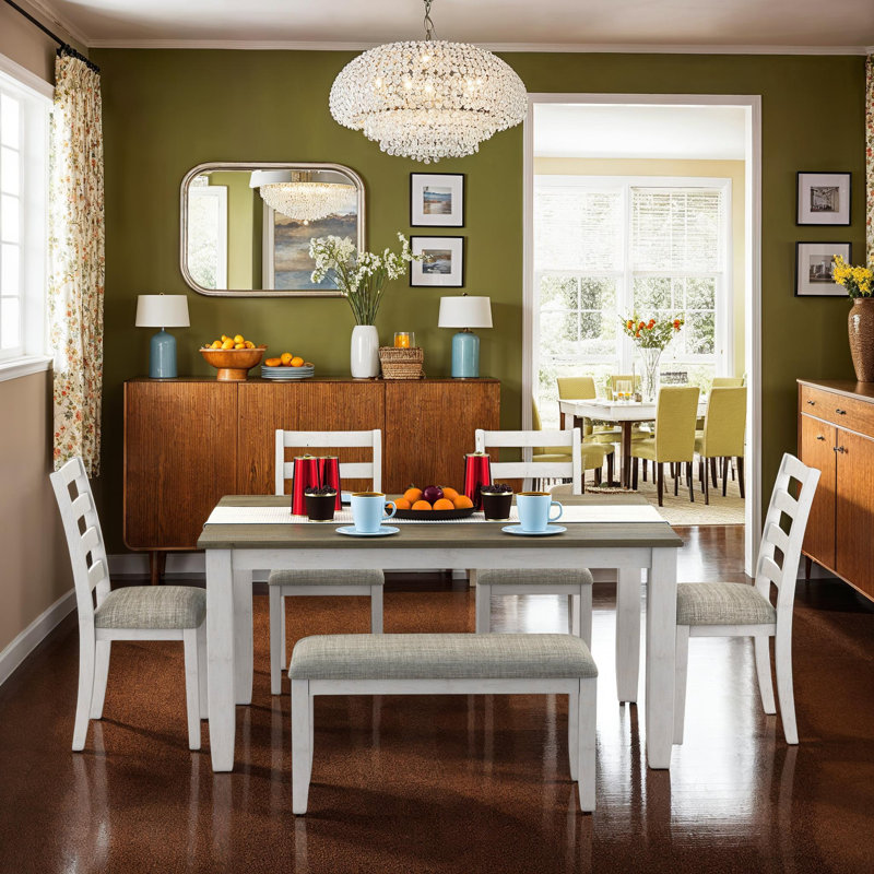 Rustic and Ergonomic Design 6-Piece Dining Table Set with 4 Wooden Chairs & 1 Bench, Distressed Finish, Brown&Grey