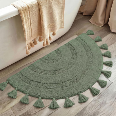 Tapis de salle de bain demi-cercle Boho avec pampilles 100% coton, jaune moutarde