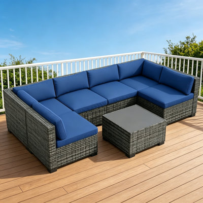 7 Piece Outdoor Patio Furniture Set, All-Weather Wicker Sectional Sofa Set with Cushions, Modular Conversation Set for Backyard, Garden, Balcony & Poolside