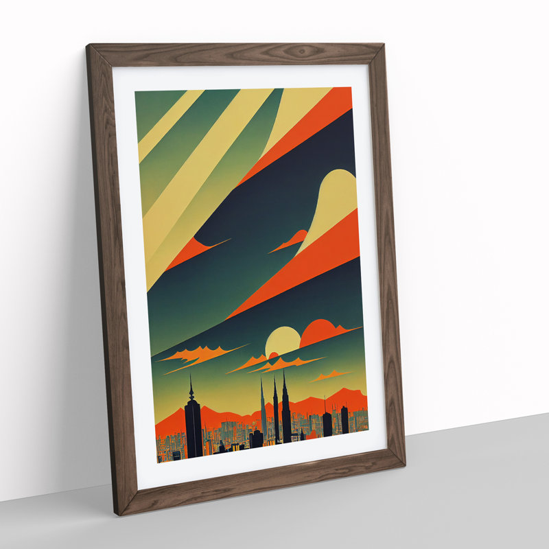 City Skyline Deco No.2 - Single Picture Frame Print, Walnut, 64cm H x 46cm W x 2cm D