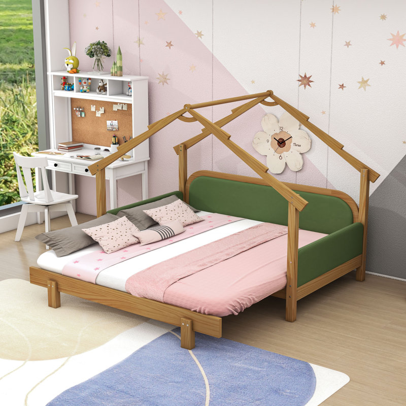 Lit simple en bois avec rails de sécurité, Vert