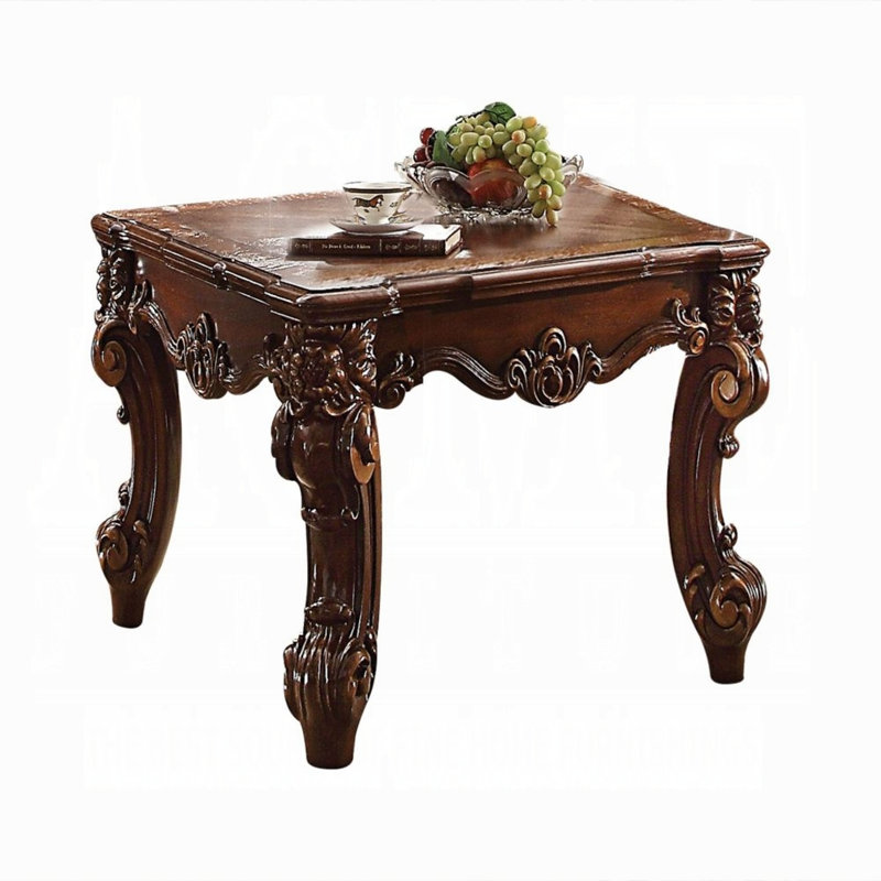 Cherry Finish Square End Table with Scrolled Wood Legs and Storage