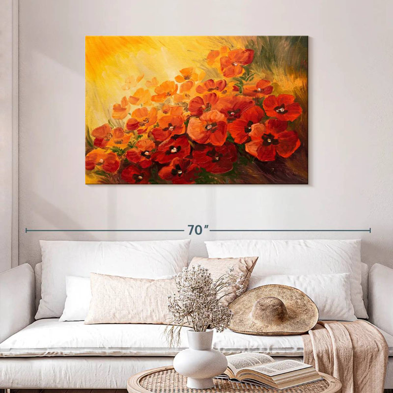 Harnek - coquelicots rouges sur fond jaune, H 30 po x l 45 po