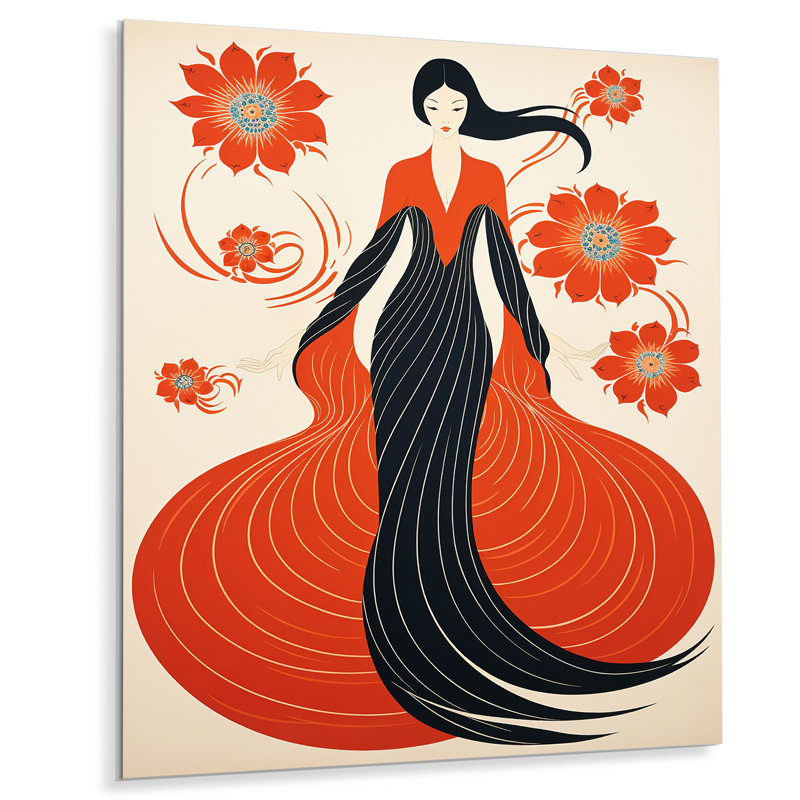 Décoration rétro japonaise, fleur rouge japonaise - femme asiatique, art mural, H 32 po x l 24 po, Sans cadre