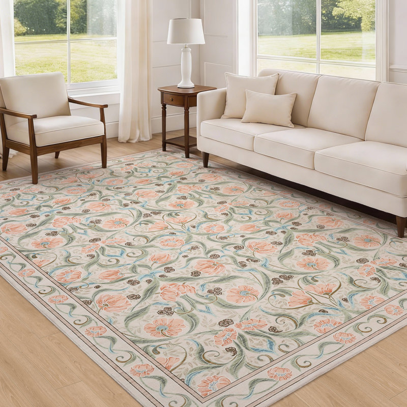 Area Rug, Floral Washable Rugs, Modern Style, Non-Slip Low-Pile Soft Floor Carpet for Bedroom, Living Room, Dining Room