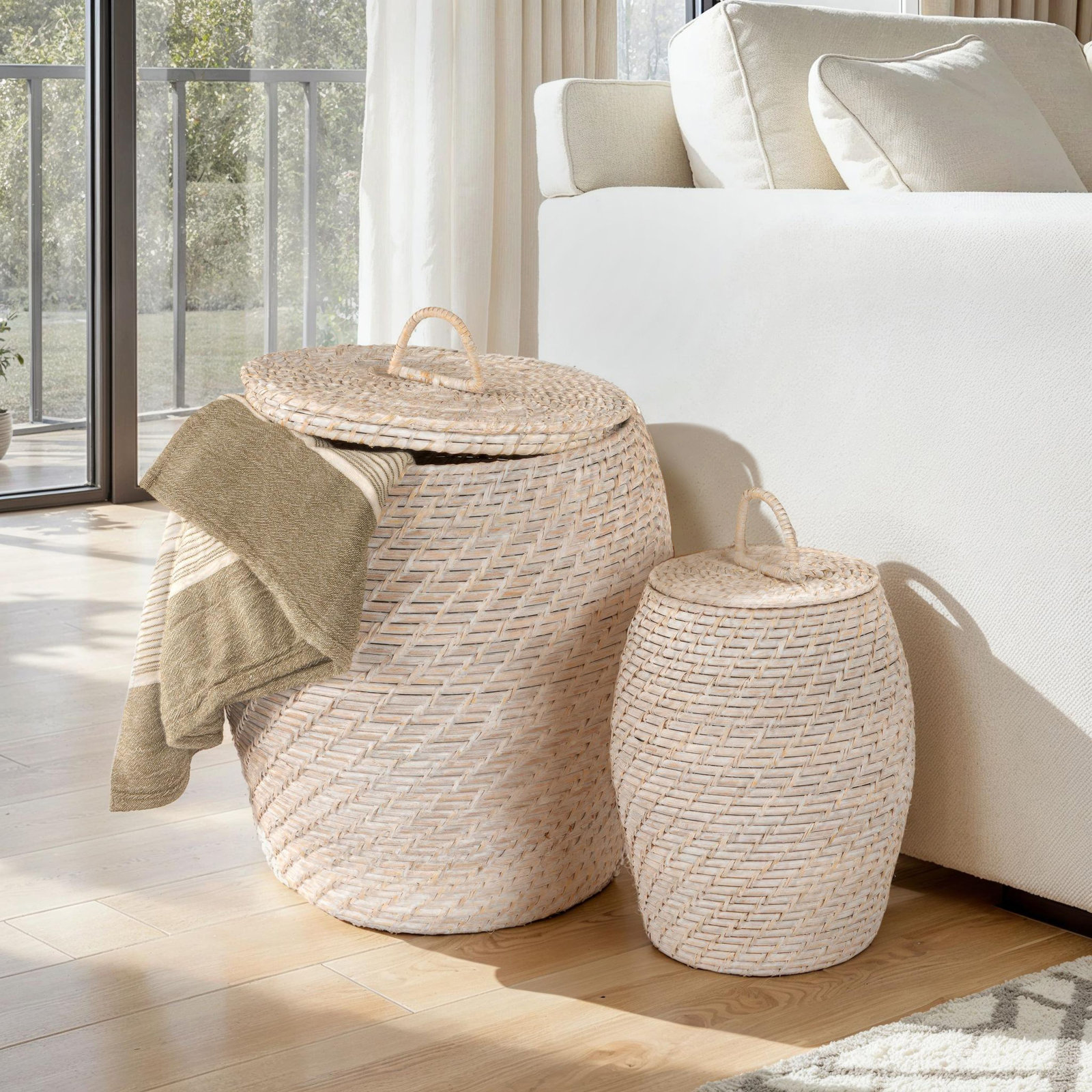 Coastal Rattan Decorative Basket, White Washed