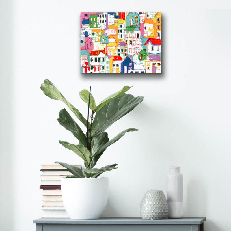 «Vibrant Village» par Linda Woods, art mural en verre acrylique, H 12 po x l 16 po x P 0,13 po