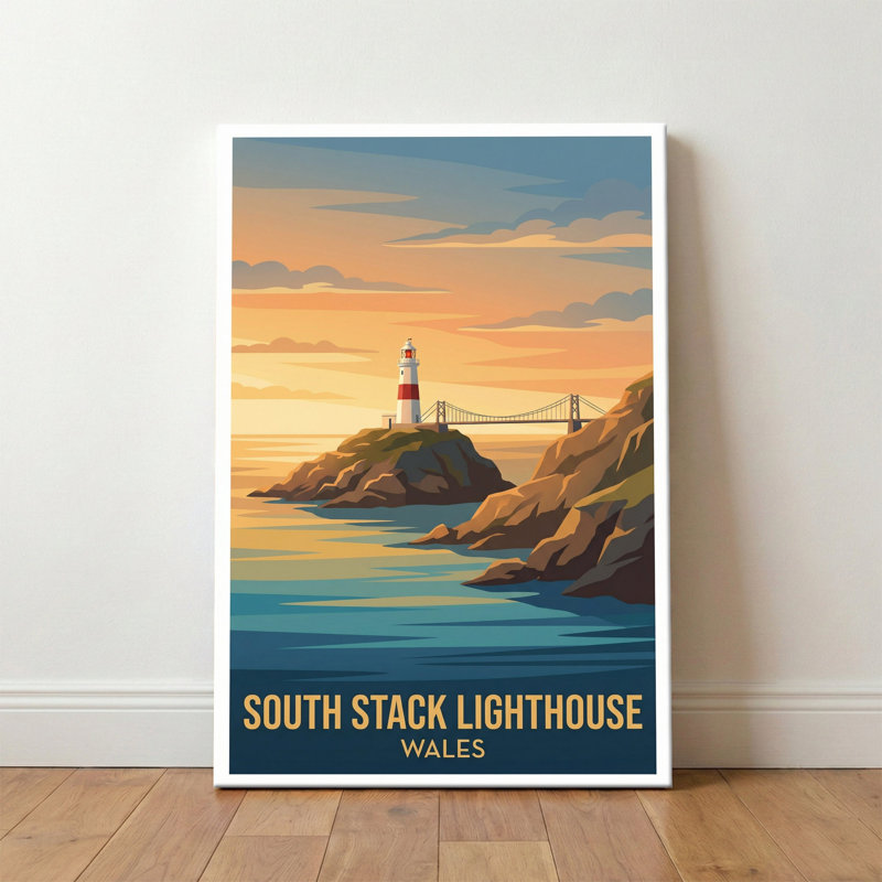 South Stack Lighthouse, Wales - Romantic Coastal Travel Poster of Dramatic Cliffs. Giclee Print on Wrapped Canvas. Wall Art, Home Decor - Coastal & Maritime, Wales 1 Piece Wrapped Canvas Wall Art