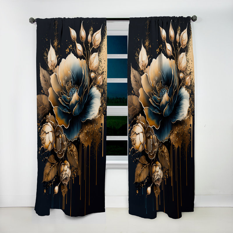 Rideau occultant floral bleu marine et rose doré II - 1 panneau, L 52 po x L 95 po