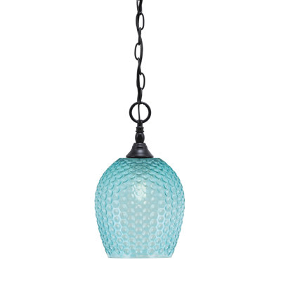 Mini-luminaire suspendu en chaîne avec verre texturé turquoise de 7,5 po